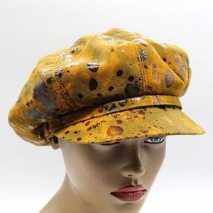 Gorra de vendedor de periódicos de cuero amarillo dorado para mujer, gorra de panadero brillante para mujer, estilo vintage mostaza, hecha a mano, color único
