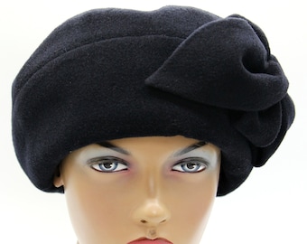 Beret womens with a flower French wool hat dark blue.