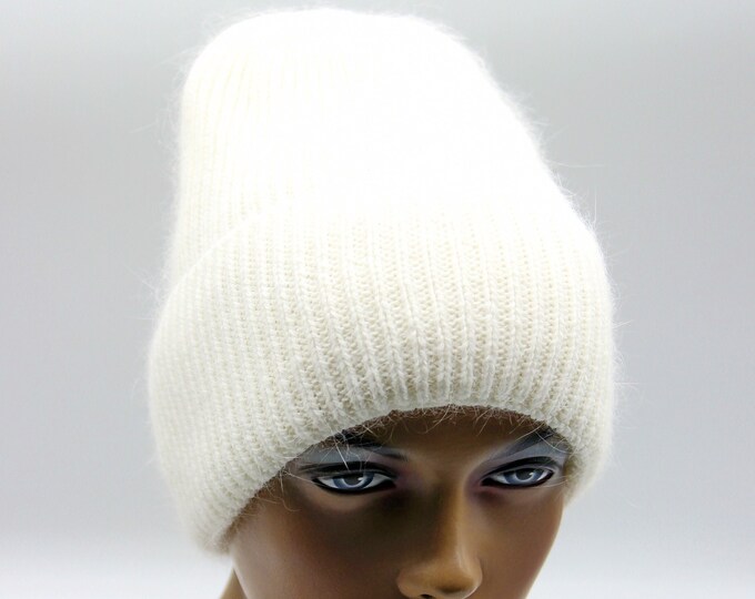 Women white knitted beanie knit slouchy hat crochet warm