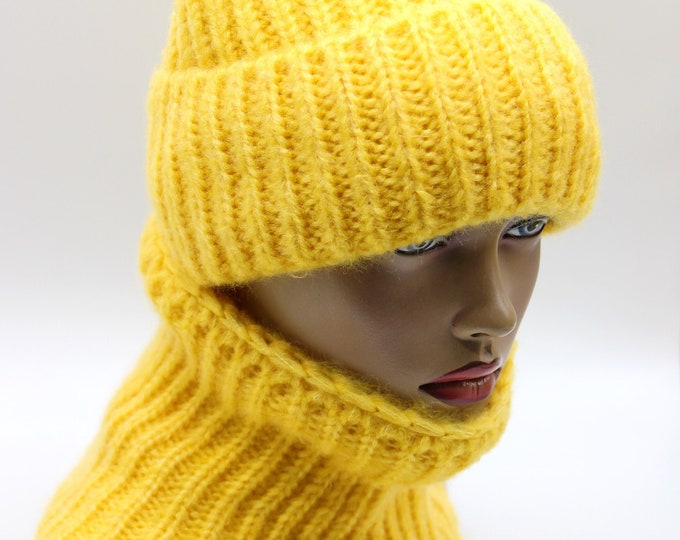 Beanie hat shawl set knitted warm crochet cowl scarf women's knit slouchy yellow