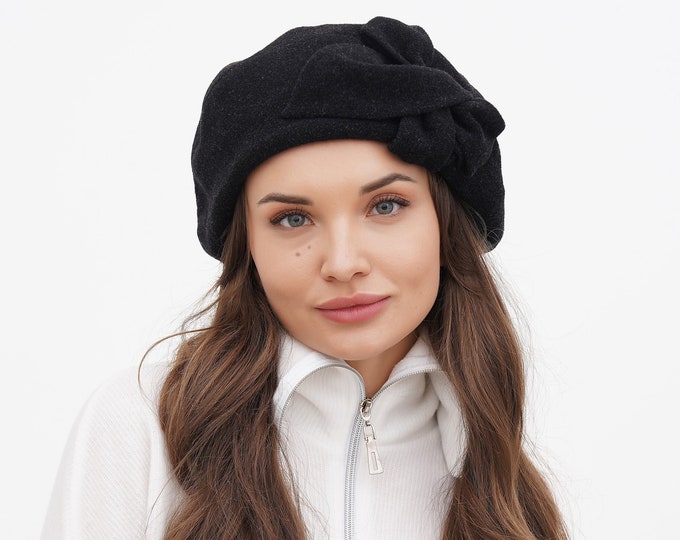 Chic Women's Winter Wool Beret - Elegant French Design, Slouchy Bow Beret, Fashionable Warm Winter Hat for Ladies