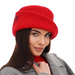 Red Cloche Hat Women&#39;s Winter - Wool Felt with Crystal Beads - Vintage Style Ladies Winter Accessory