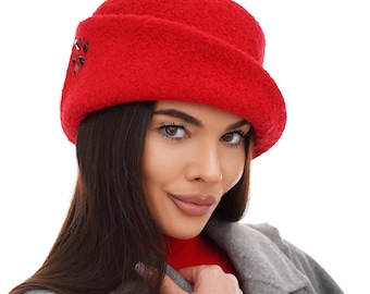 Red Wool Felt Cloche Hat with Crystal Embellishment | Winter Women's Hat