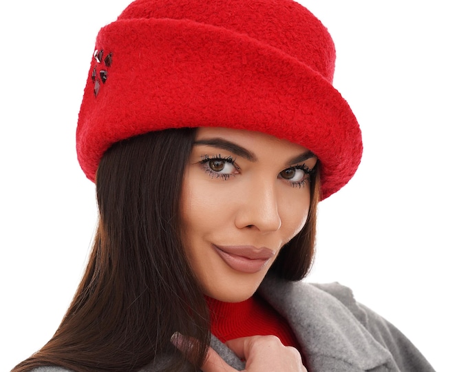 Red Wool Felt Cloche Hat with Crystal Embellishment | Winter Women's Hat