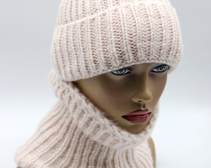 Beanie hat set shawl crochet knitted warm cowl scarf women's knit slouchy pink