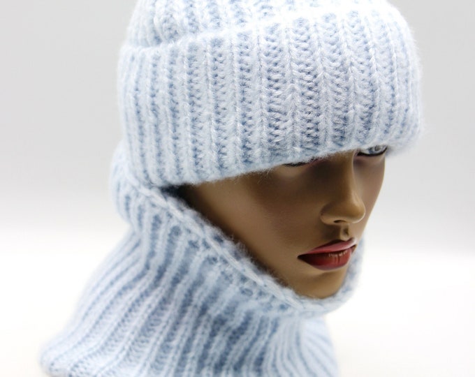 Beanie hat warm cowl shawl set crochet knitted scarf women's knit slouchy blue