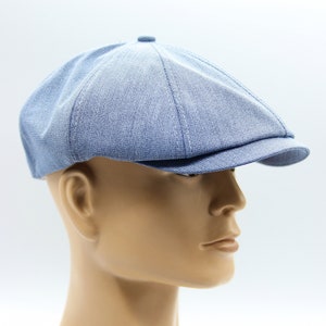 Blue Linen Cotton Newsboy Cap for Men – Lightweight Summer Baker Boy Hat – Trendy Peaked Style, Gift for Him