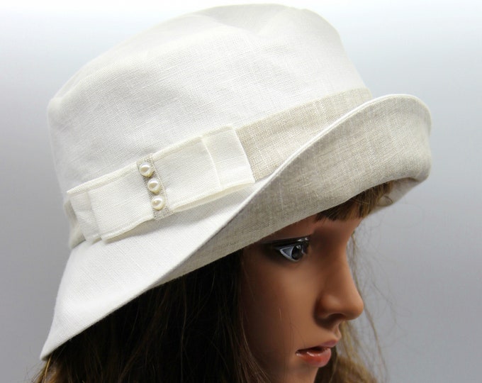 Women's summer bucket hat cloche brim linen fashion beige