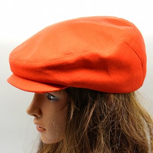 Orange Linen Cotton Flat Cap Women - Lightweight Summer Newsboy Hat - Adjustable Brim Style Gift for Her