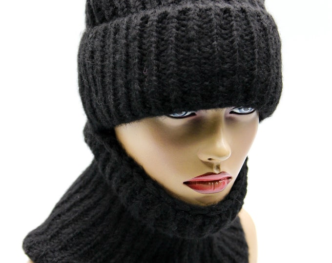 Beanie hat shawl set knit slouchy black crochet knitted warm cowl scarf women's