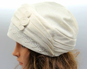 Linen women summer hat turban beige