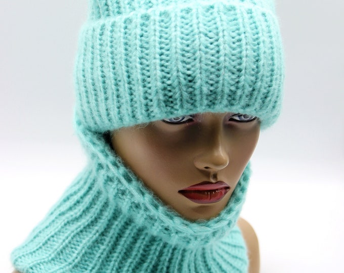 Beanie hat women's knit slouchy shawl set crochet knitted warm cowl scarf green