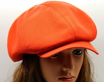Orange Summer Women Newsboy Hat - Cotton Linen Baker Boy Hat - Embroidered Design Gift for Her