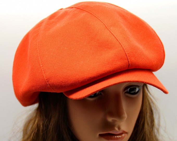 Orange Summer Women Newsboy Hat - Cotton Linen Baker Boy Hat - Embroidered Design Gift for Her