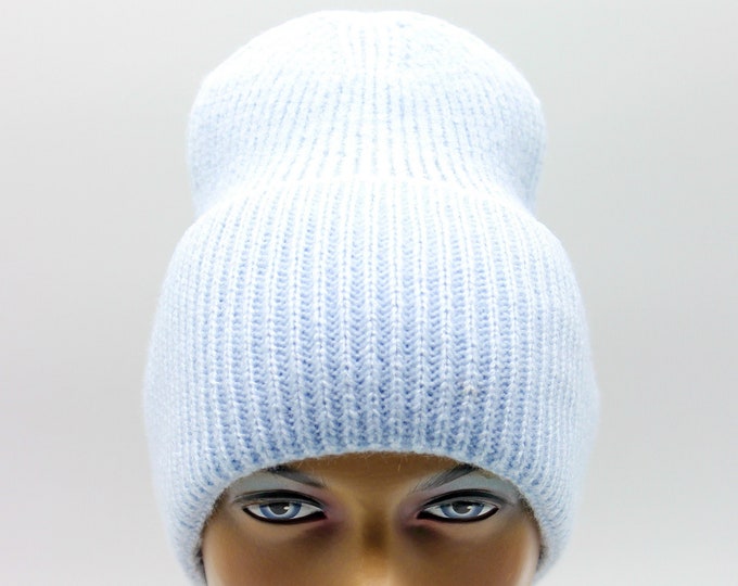 Beanie hat knit women knitted slouchy crochet warm blue