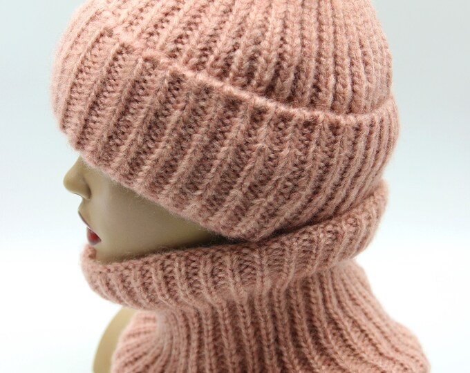 Crochet knitted warm women's beanie cowl scarf hat shawl set knit slouchy pink