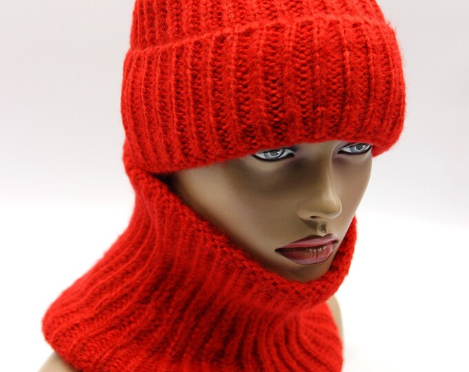 Beanie hat shawl set crochet knitted warm cowl scarf women's knit slouchy red