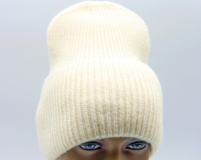 Women's hat knit knitted beanie slouchy crochet warm Ivory
