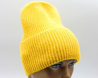 Women knitted beanie hat knit slouchy crochet warm yellow