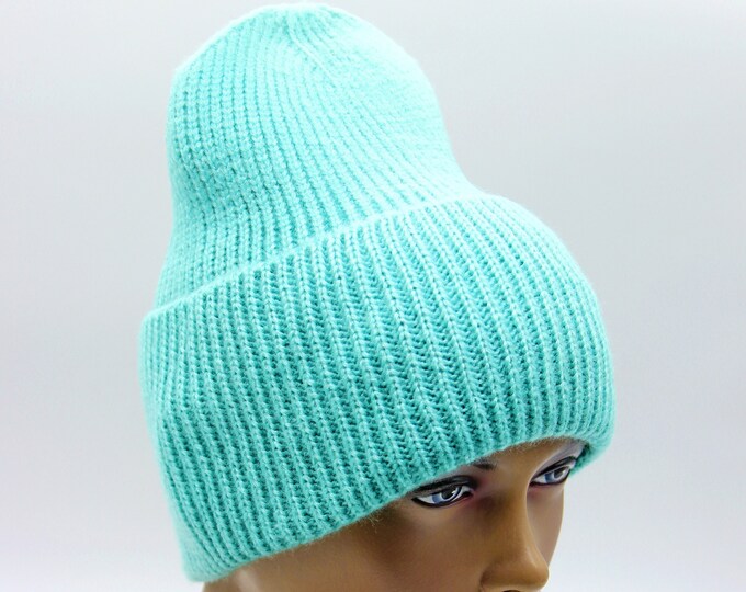Knitted beanie hat knit women slouchy crochet warm turquoise