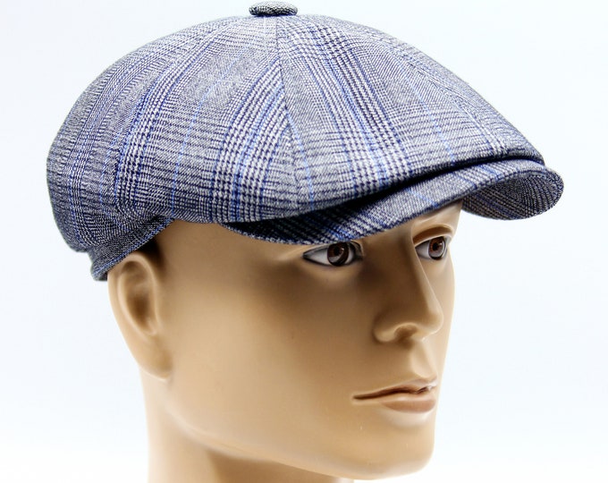 Blue newsboy hat flat wool men's bakers boy cap.