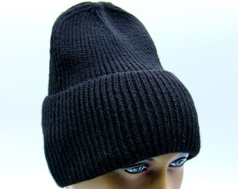 Women's black beanie hat knitted knit slouchy crochet warm