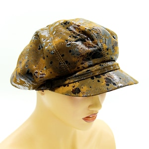 Brown Leather Newsboy Cap Women Floral Pattern Baker Boy Hat Ladies Vintage Style Handmade Designer Headwear