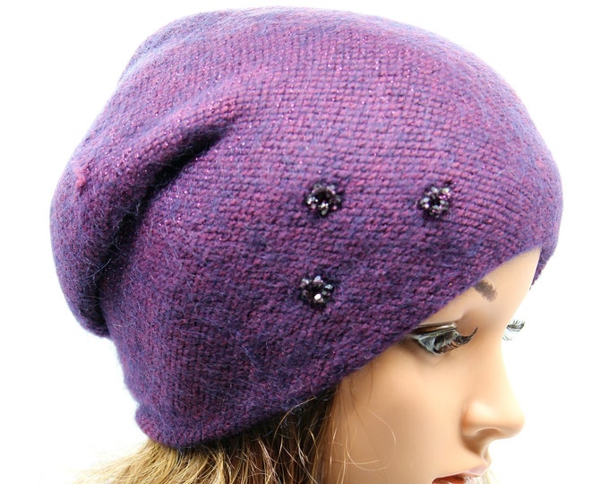 Women's knitted hat knit beanie pattern winter purple