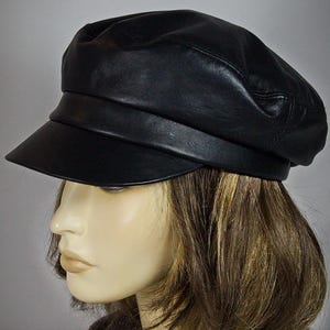 Black Leather Breton Hat Women French Captain Style Baker Boy Newsboy Cap Handmade Vintage Marine Headwear Gift