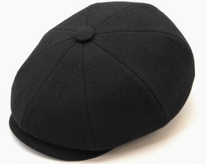 Newsboy Hat Baker Boy Cap Black Wool - Handmade Mens Vintage Style 8 Panel Classic Hat with Cotton Lining