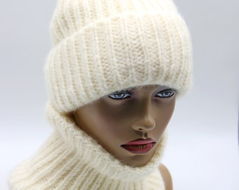 Crochet knitted warm cowl scarf women's beanie hat shawl set knit slouchy white