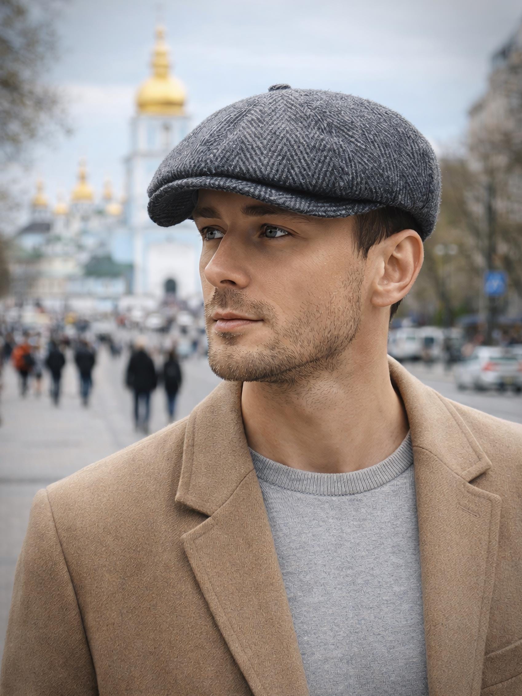 Vintage Wool Herringbone Flat Newsboy Cap | Unizex Cozy Market Day Tweed Edit Newsboy Herringbone Cap  main image 4