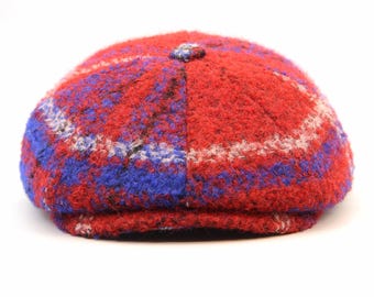 Handmade Red Blue Plaid Newsboy Hat - Men's Wool Baker Boy Cap - Scottish Tartan Pattern - Vintage Style Gift