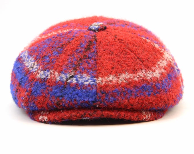 Handmade Red Blue Plaid Newsboy Hat - Men's Wool Baker Boy Cap - Scottish Tartan Pattern - Vintage Style Gift
