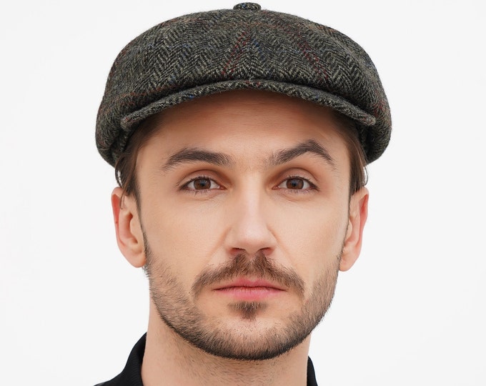Newsboy Hat for Men – Green-Grey Tweed 8-Panel Cap | Classic Baker Boy Style | Vintage Men's Newsboy Cap | Handmade Tweed Hat
