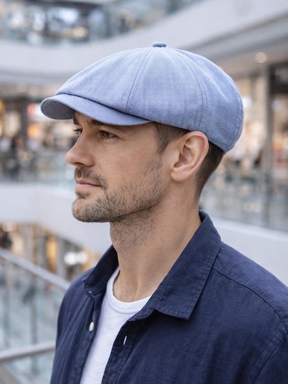 Blue Linen Newsboy Cap Handmade Summer Men Gatsby Style Sun  display picture 2