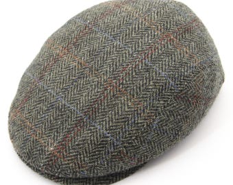 Grey Green Tweed Flat Cap - Men's Classic Driving Hat - Olive Tone Wool - Traditional British Craftsmanship