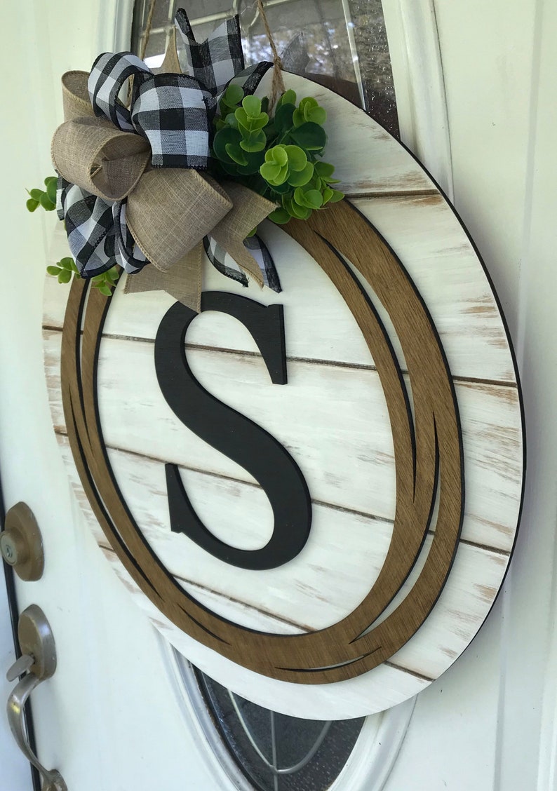 Black Farmhouse Monogrammed Initial Shiplap Style Door Hanger Farmhouse Wreath Personalized Sign Christmas Gift Farmhouse Decor image 2