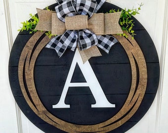 Black Farmhouse Monogrammed Initial Shiplap Style Door Hanger; Farmhouse Wreath; Personalized Sign; Christmas Gift; Farmhouse Decor