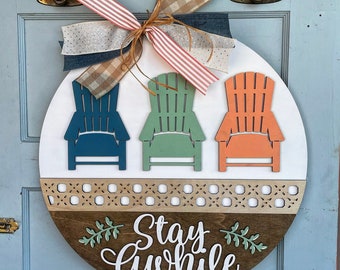 Stay Awhile Summer Door Hanger; Summer Door Hanger; Beach Chair Door Hanger; Lake House Door Hanger; Summer Wreath