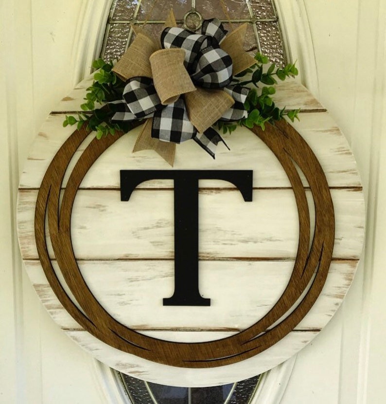 Black Farmhouse Monogrammed Initial Shiplap Style Door Hanger Farmhouse Wreath Personalized Sign Christmas Gift Farmhouse Decor image 4