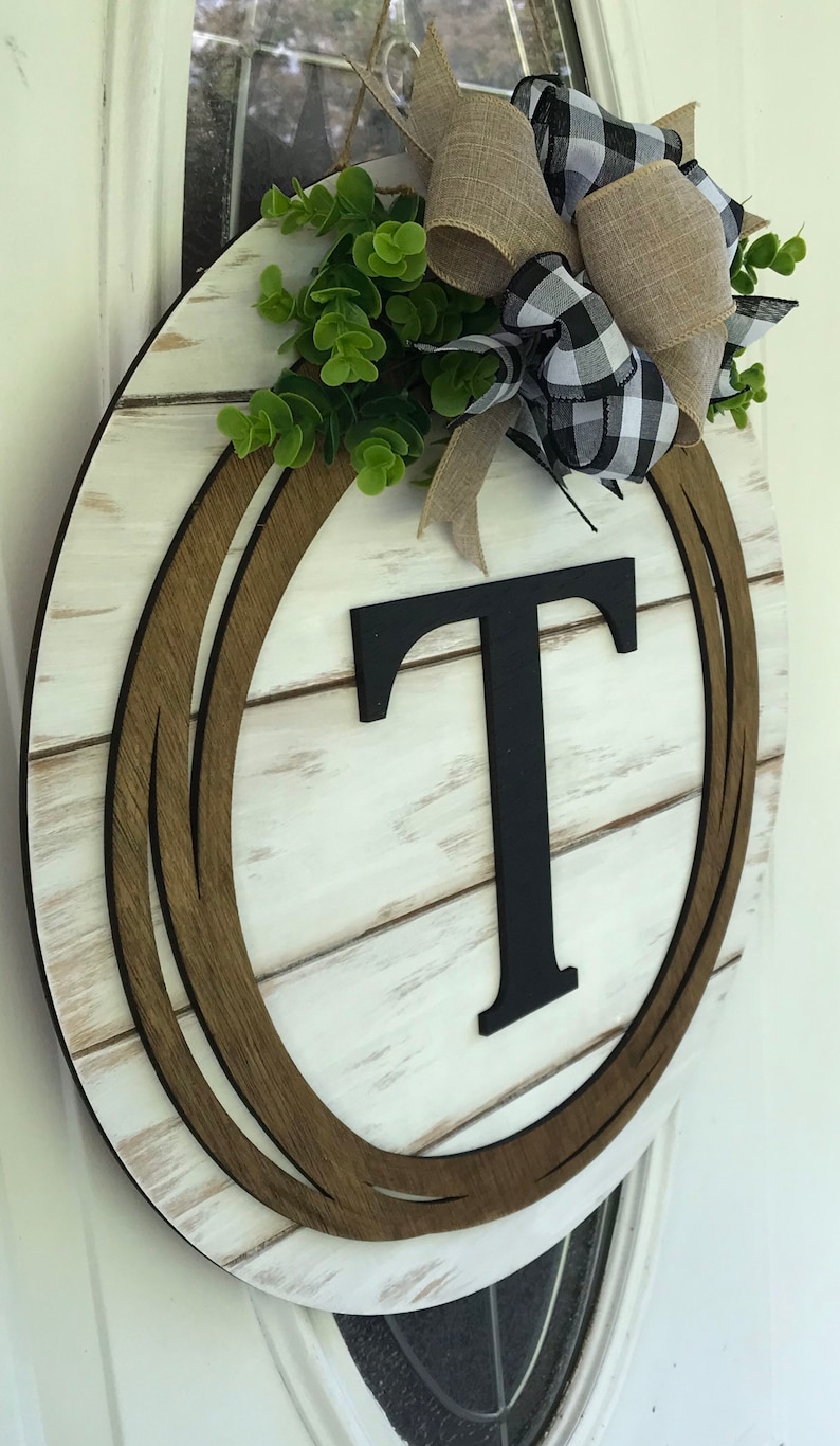 Black Farmhouse Monogrammed Initial Shiplap Style Door Hanger Farmhouse Wreath Personalized Sign Christmas Gift Farmhouse Decor image 6