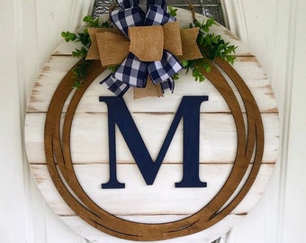 Navy Farmhouse Shiplap Style Monogrammed Initial Door Hanger; Initial Door Hanger; Personalized Door Hanger; Navy Farmhouse Door Hanger