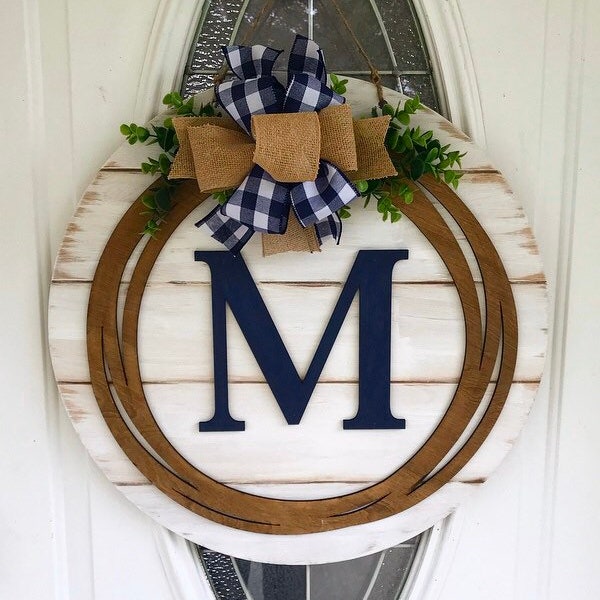 Navy Farmhouse Shiplap Style Monogrammed Initial Door Hanger; Initial Door Hanger; Personalized Door Hanger; Navy Farmhouse Door Hanger