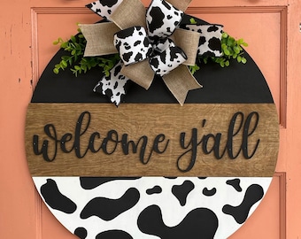 Welcome Y’all Farmhouse Black Cow Print Door Hanger; Personallzed Cow Print Door Hanger; Farmhouse Personalized Door Hanger; Cow Print Sign