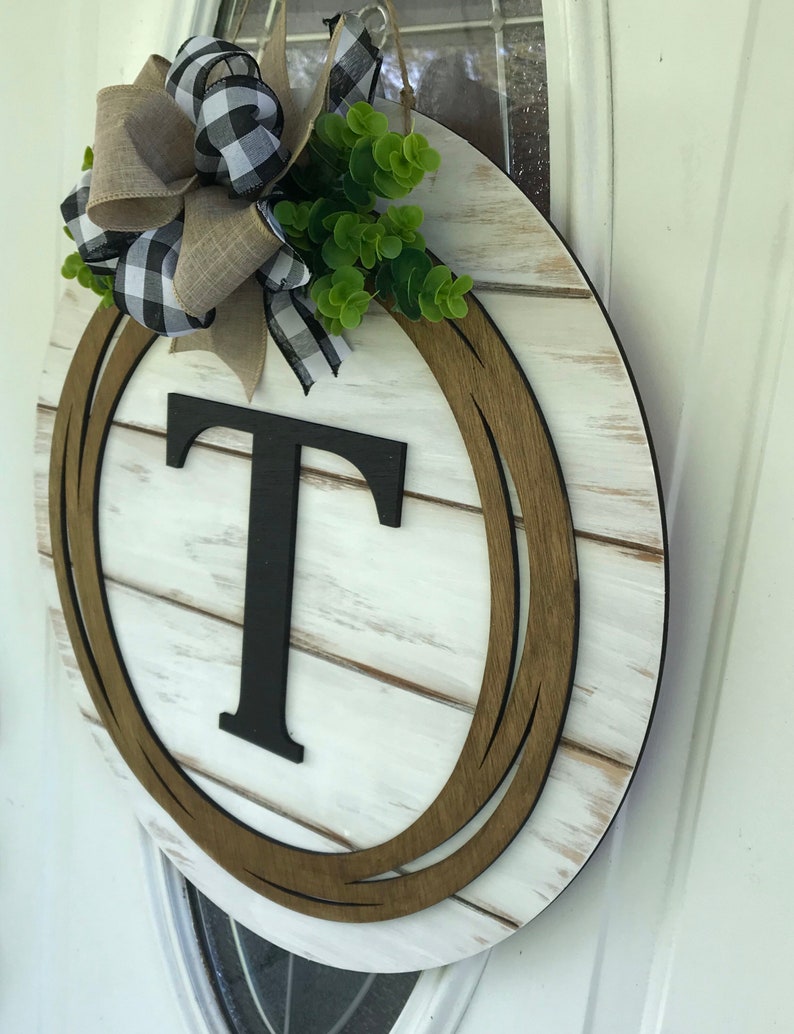 Black Farmhouse Monogrammed Initial Shiplap Style Door Hanger Farmhouse Wreath Personalized Sign Christmas Gift Farmhouse Decor image 5