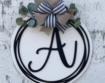Black and White Monogrammed Initial Door Hanger; Initial Wreath; Personalized Sign; Christmas Gift; Front Door Decor; Wreath