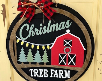 Christmas Tree Farm Barn Merry Christmas Shiplap Style 3D Farmhouse Door Hanger; Christmas Door Hanger; Christmas Wreath; Christmas Decor