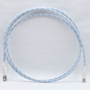 May include: A white braided cable with a blue and green pattern. The cable has USB-C connectors on both ends.