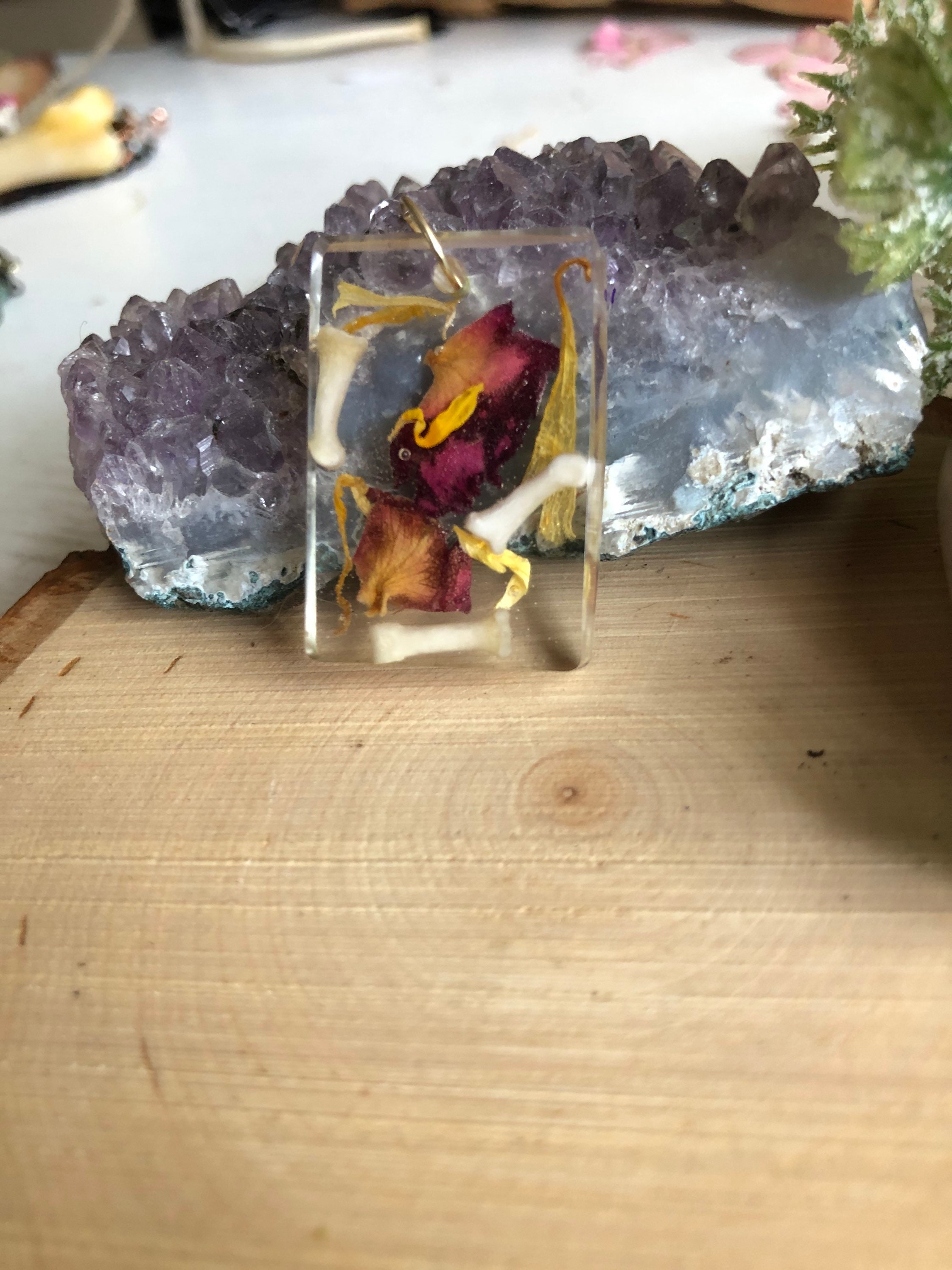 Botanical bones resin pendant Etsy